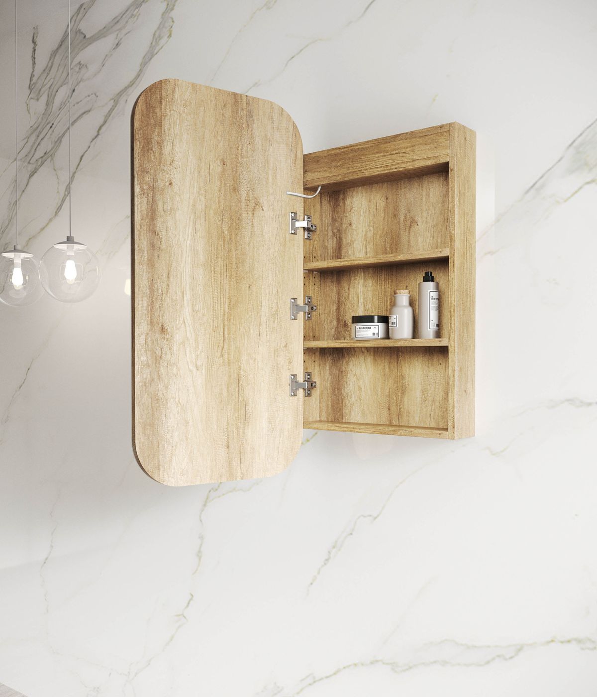 Side view of open natural oak LED Newport 900x450 Shaving Cabinet Soft Square