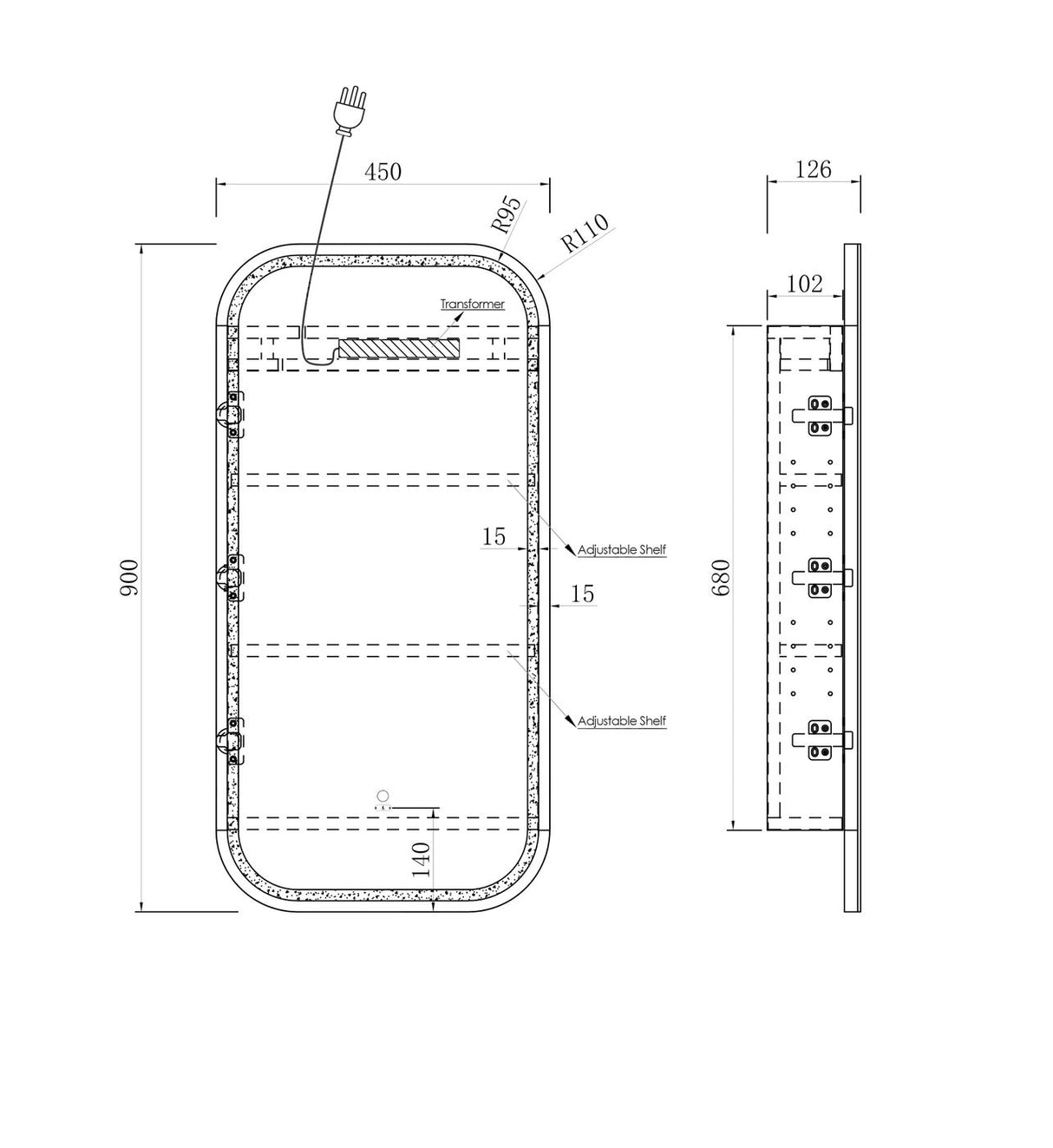 LED Newport 900x450 Shaving Cabinet Soft Square drawing