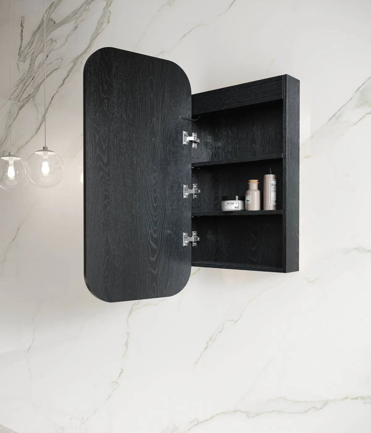 side view of open LED Newport Black Oak Shaving Cabinet Soft Square - 900x450
