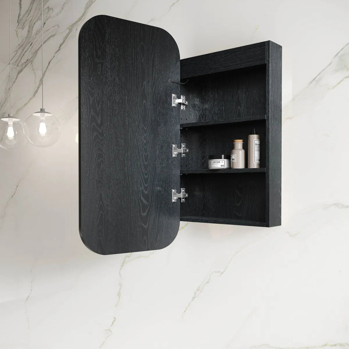 side view of open LED Newport Black Oak Shaving Cabinet Soft Square - 900x450