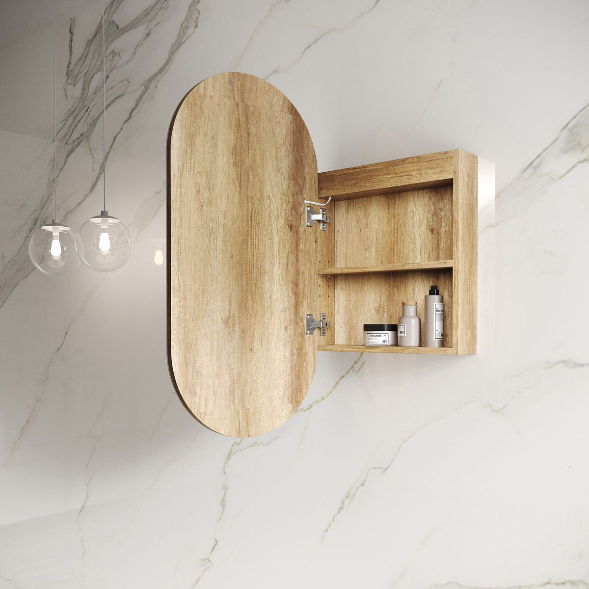 Side view open LED Noosa 900x450 Natural Oak Shaving Cabinet