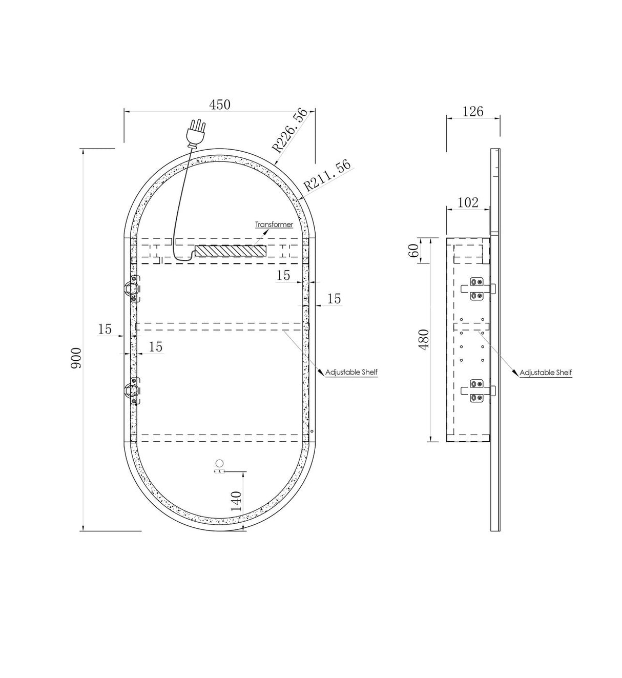 LED Noosa 900x450 Natural Oak Shaving Cabinet drawing