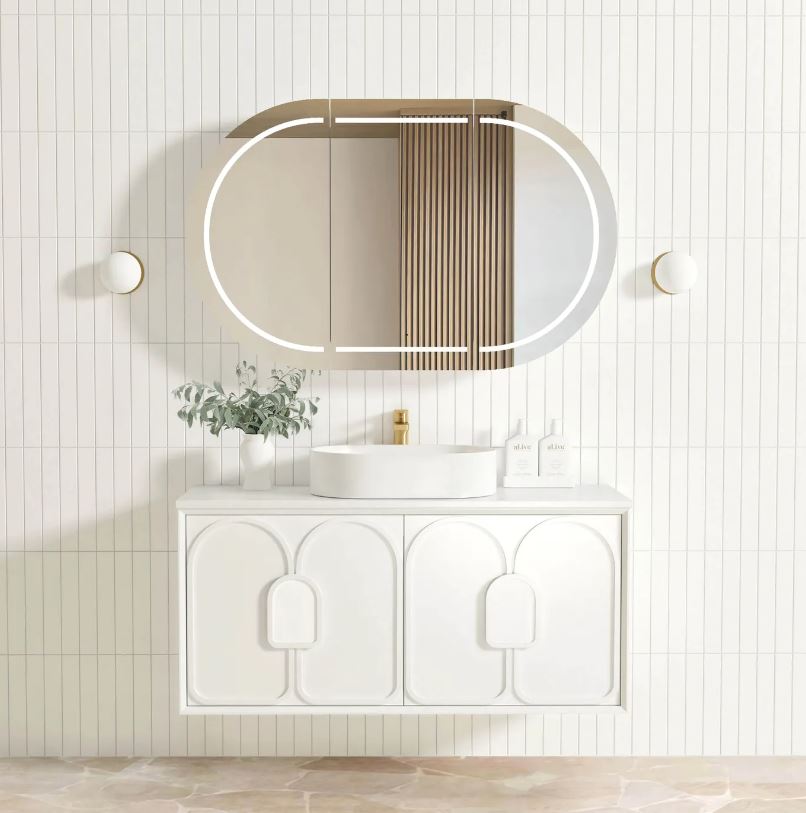 Bathroom with installed White Laguna Wall Hung Vanity 1200mm and mirrors front view