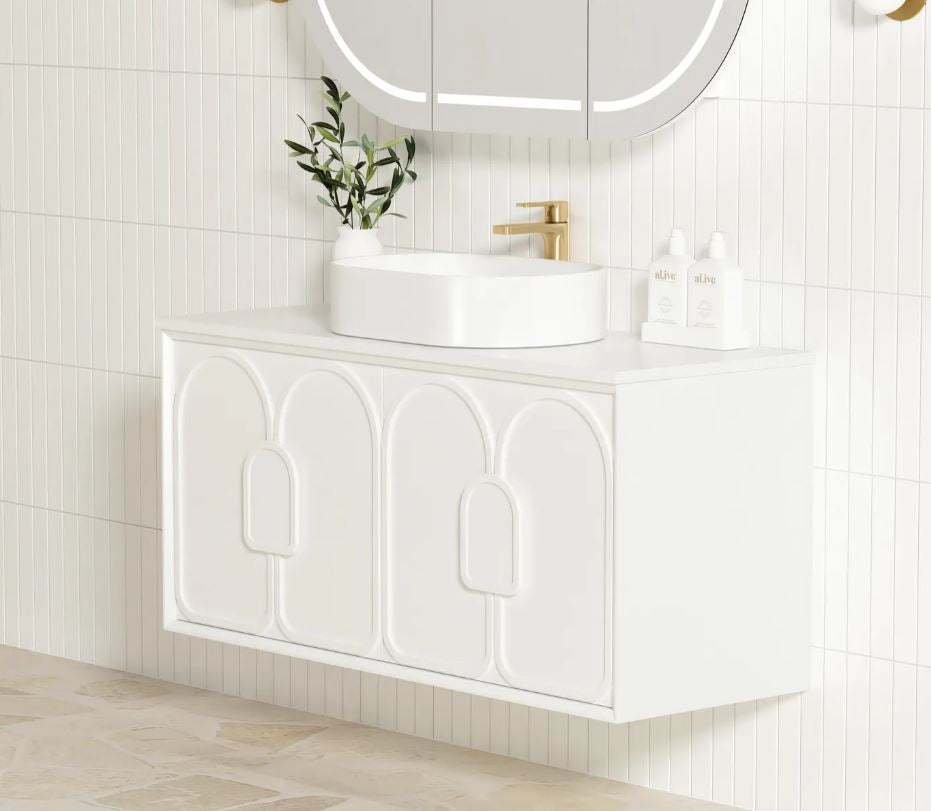 Bathroom with installed white Laguna Wall Hung Vanity 1200mm side view