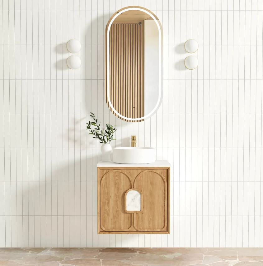 Bathroom with installed Laguna Wall Hung Vanity 600mm - Natural American Oak front view