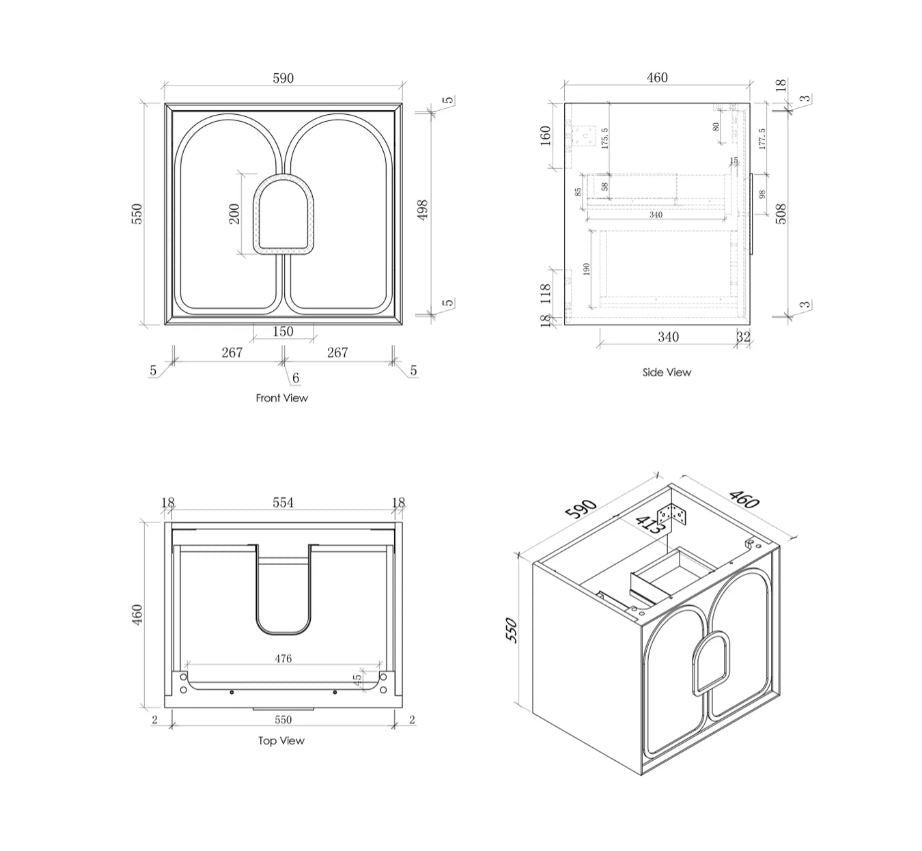 Laguna Wall Hung Vanity 600mm - Natural American Oak drawing