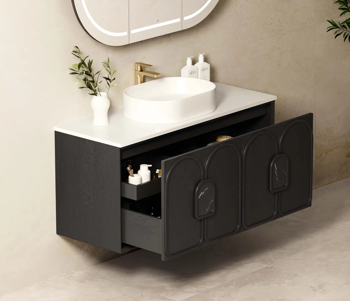 Laguna Wall Hung Vanity 1200mm - Black Oak open cabinet