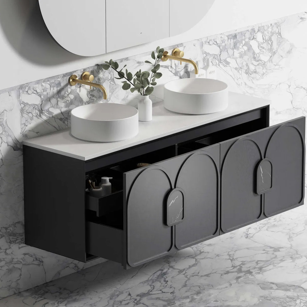 Side view of mounted Laguna Wall Hung Vanity 1500mm - Black Oak inside the bathroom