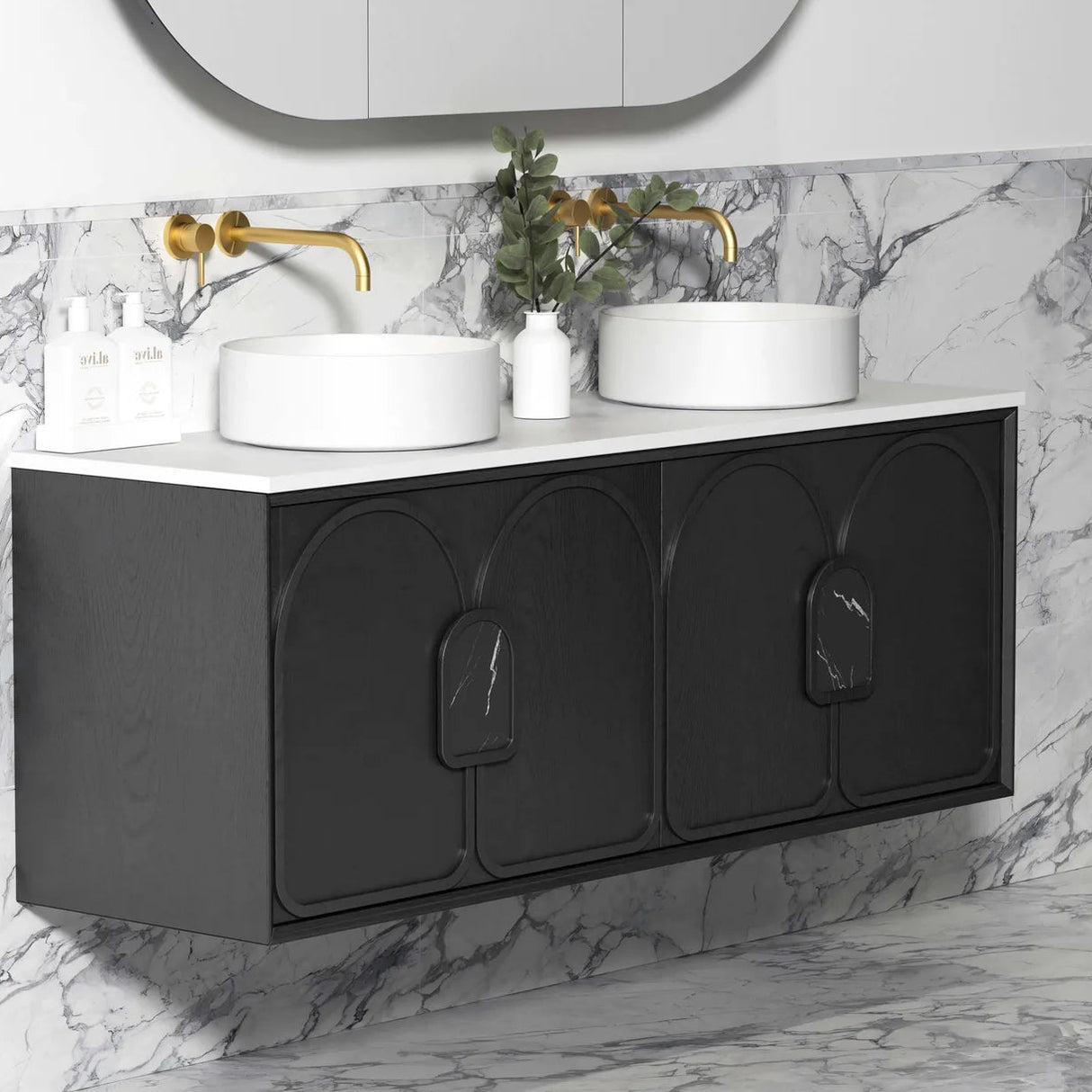 mounted closed Laguna Wall Hung Vanity 1500mm - Black Oak in the bathroom