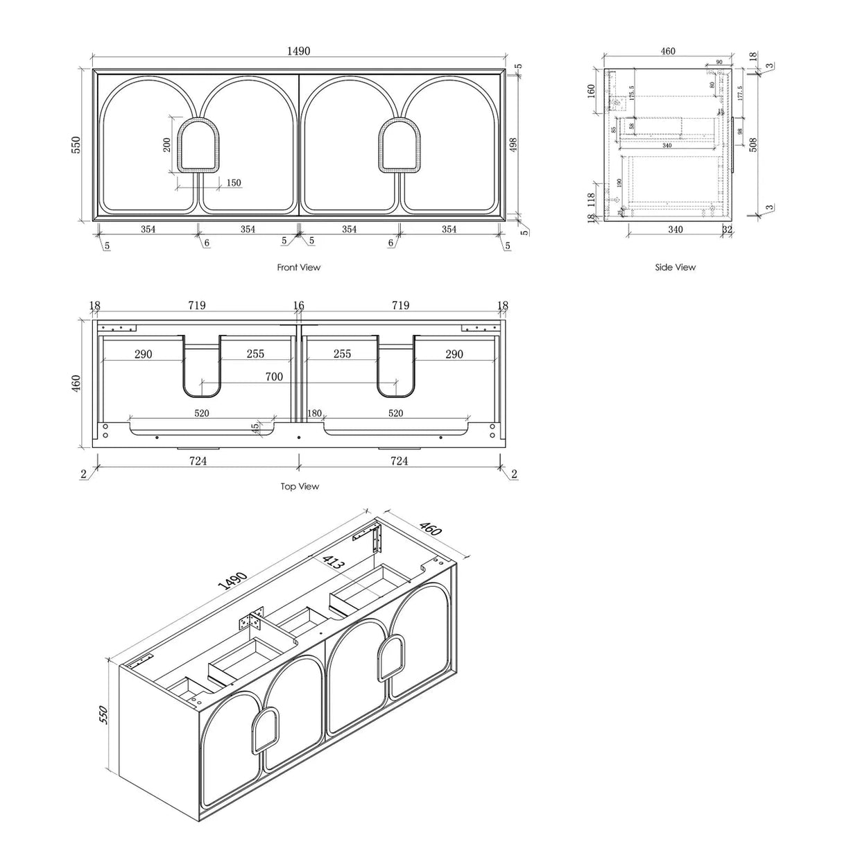 Laguna Wall Hung Vanity 1500mm - Black Oak drawing