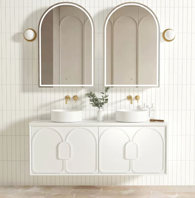 Bathroom with mounted mirror and Laguna Wall Hung Vanity 1500mm - White