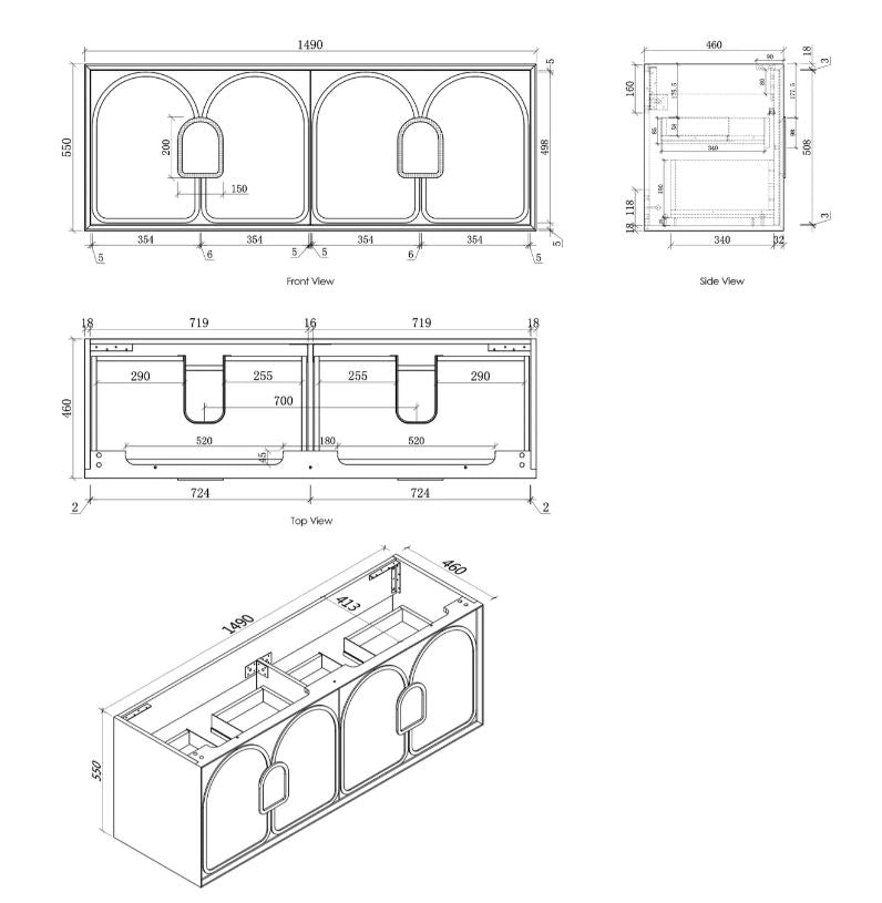 Laguna Wall Hung Vanity 1500mm - White drawing