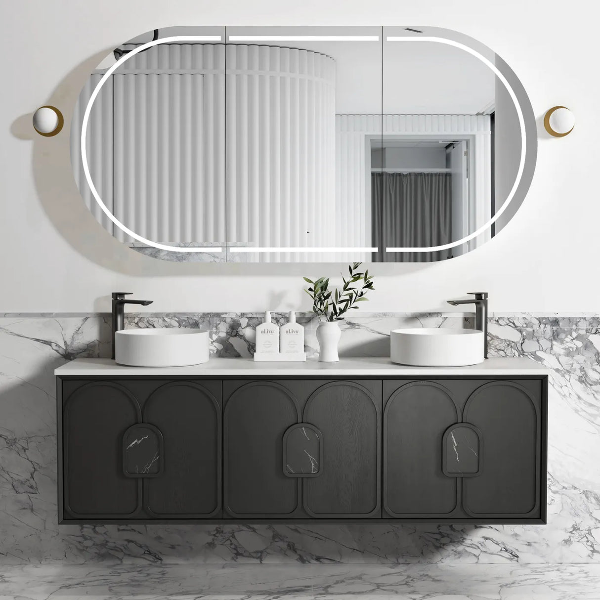 Bathroom installed front view Laguna Wall Hung Vanity 1800mm - Black Oak