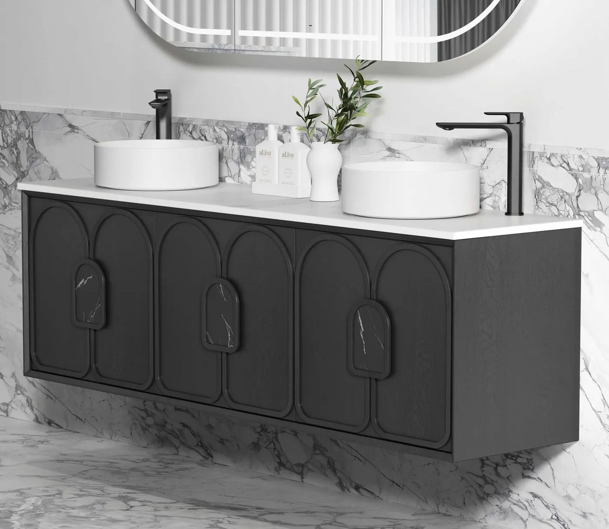 Bathroom installed side view Laguna Wall Hung Vanity 1800mm - Black Oak