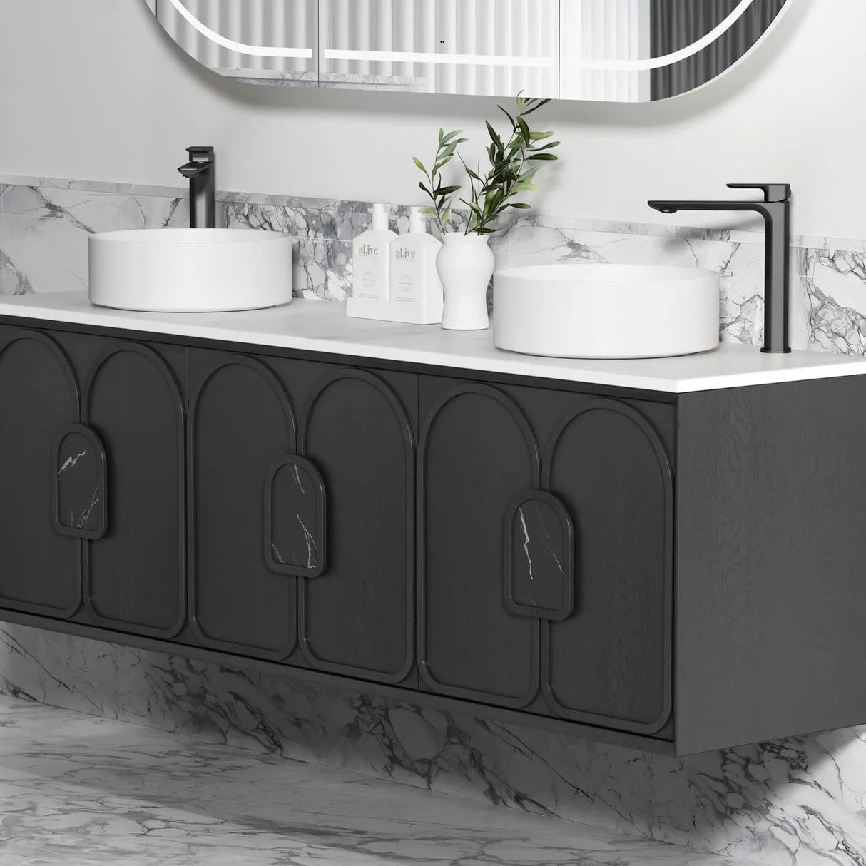 Bathroom installed side view Laguna Wall Hung Vanity 1800mm - Black Oak