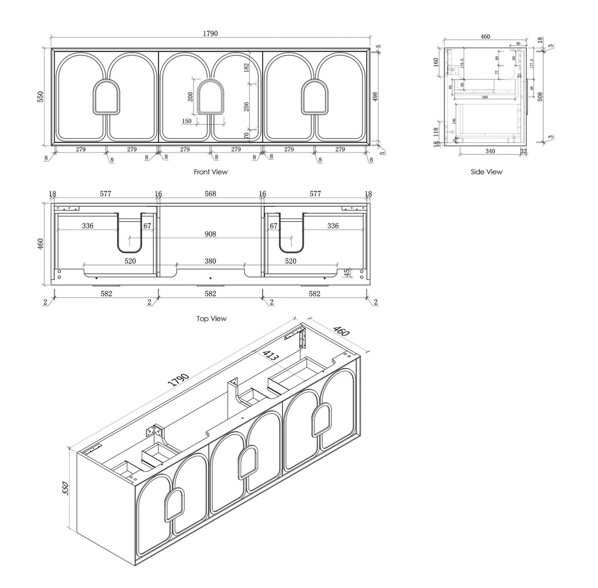 Laguna Wall Hung Vanity 1800mm - Black Oak drawing
