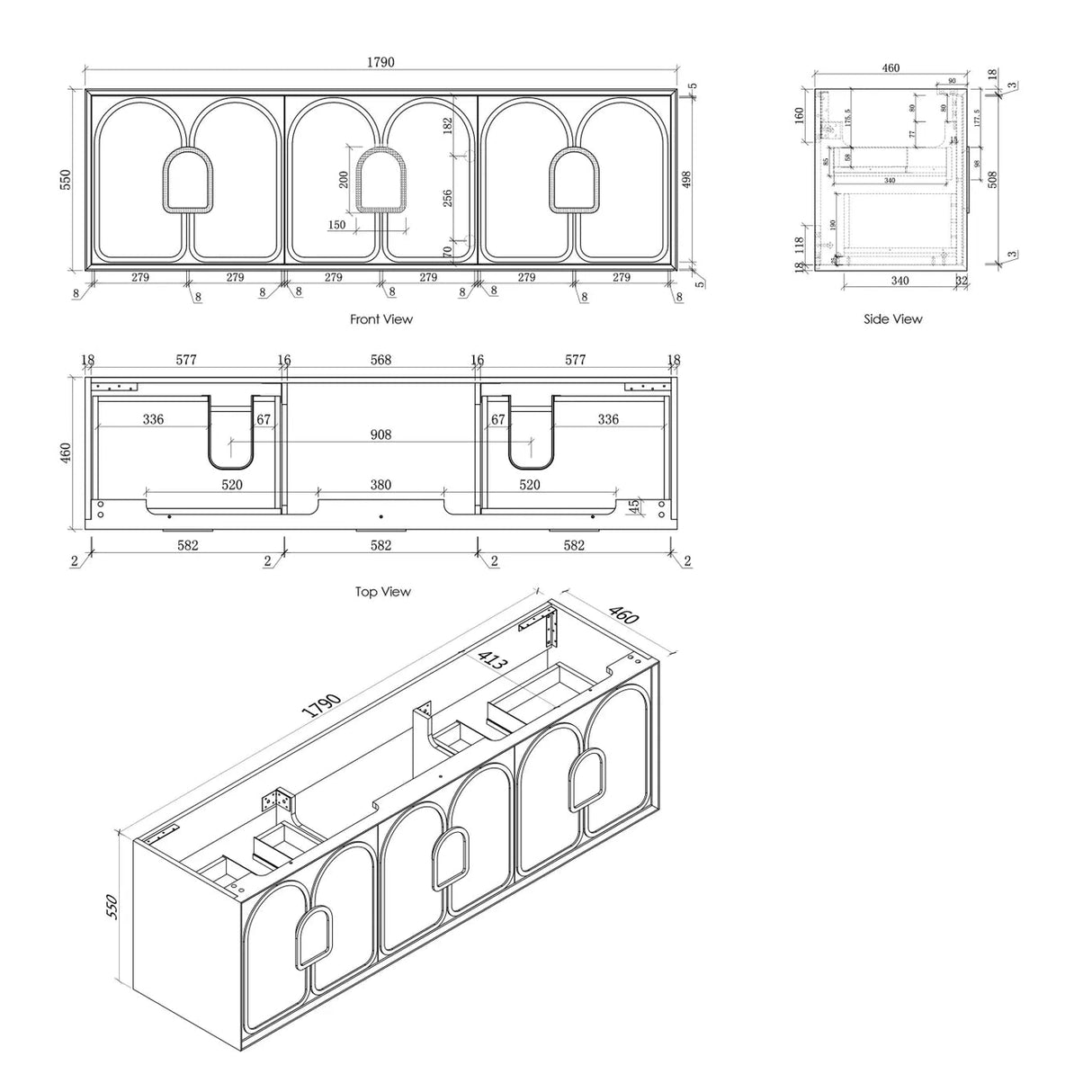 Laguna Wall Hung Vanity 1800mm - Black Oak drawing