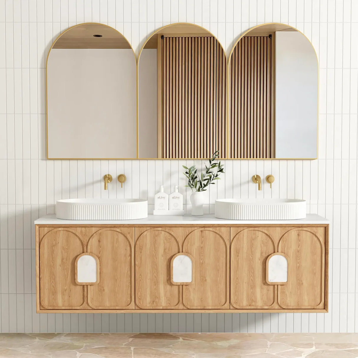 Bathroom with installed mirrors and Laguna Wall Hung Vanity 1800mm - Natural Oak