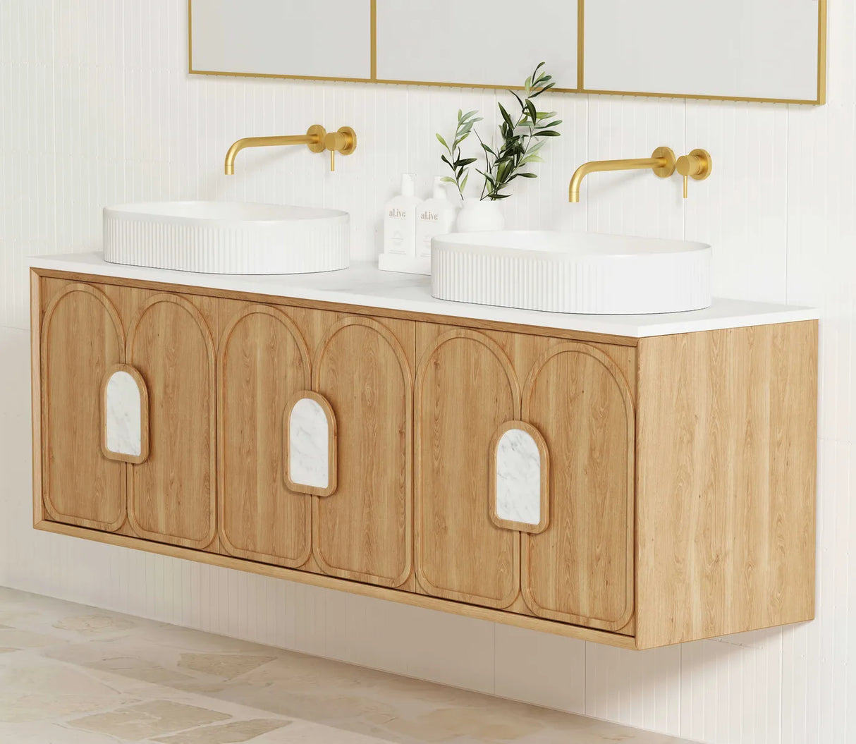 Bathroom with installed Laguna Wall Hung Vanity 1800mm - Natural Oak side view