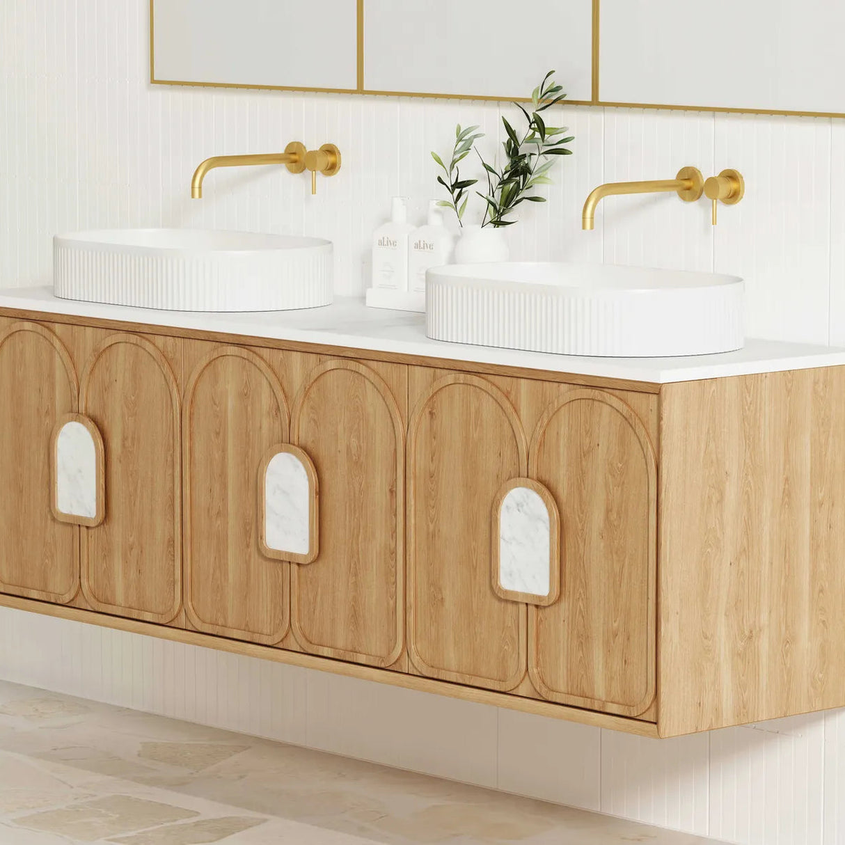 Bathroom with installed Laguna Wall Hung Vanity 1800mm - Natural Oak side view