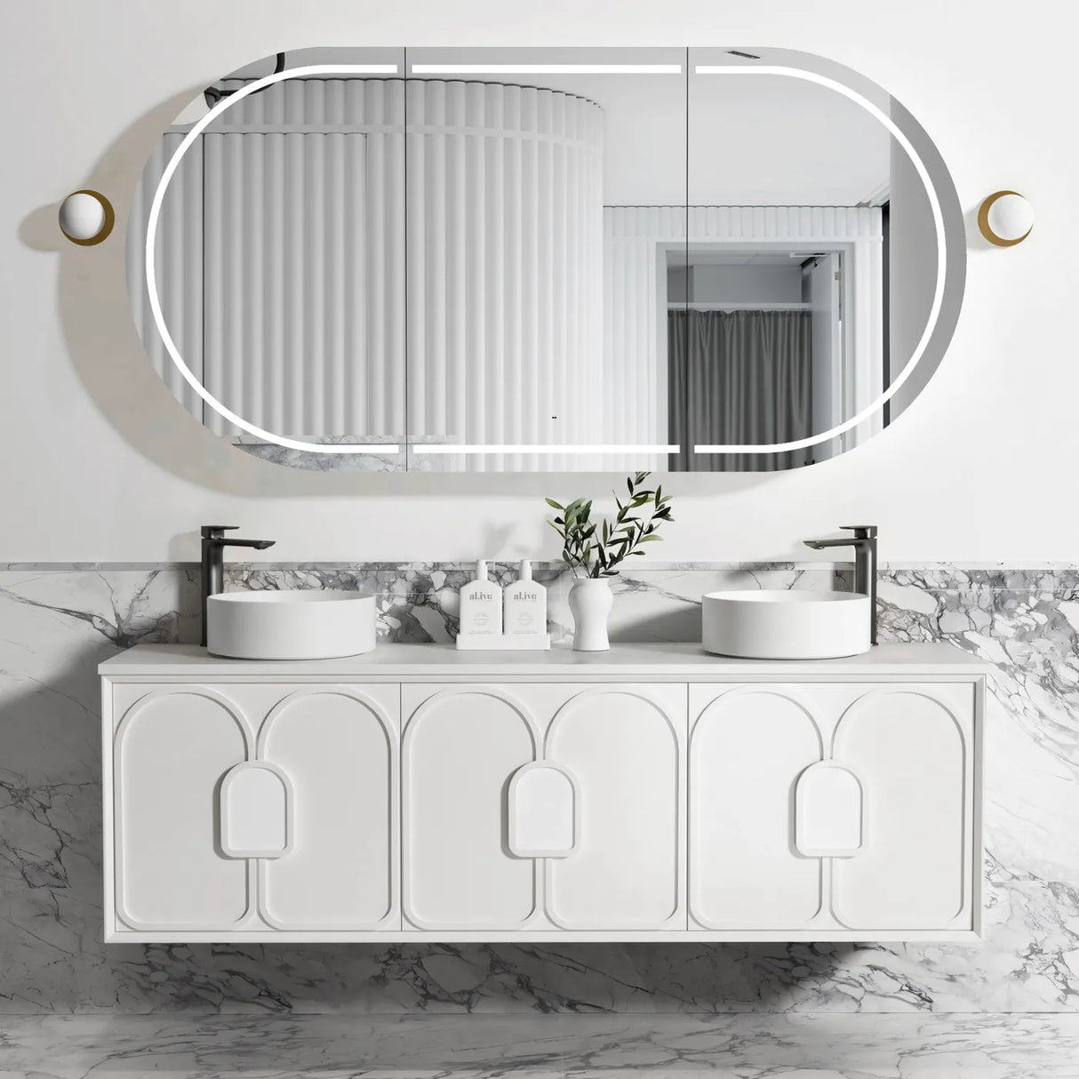 bathroom mounted with mirror and Laguna Wall Hung Vanity 1800mm - White