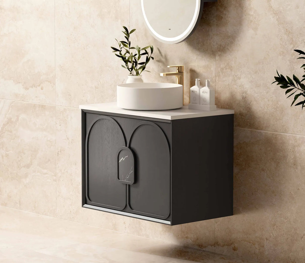 Laguna Wall Hung Vanity 750mm - Black Oak side view with white counter top