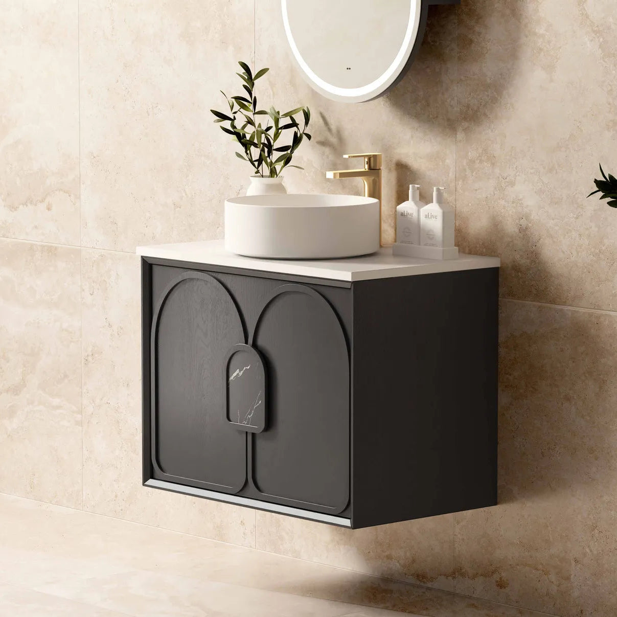 Laguna Wall Hung Vanity 750mm - Black Oak side view with white counter top