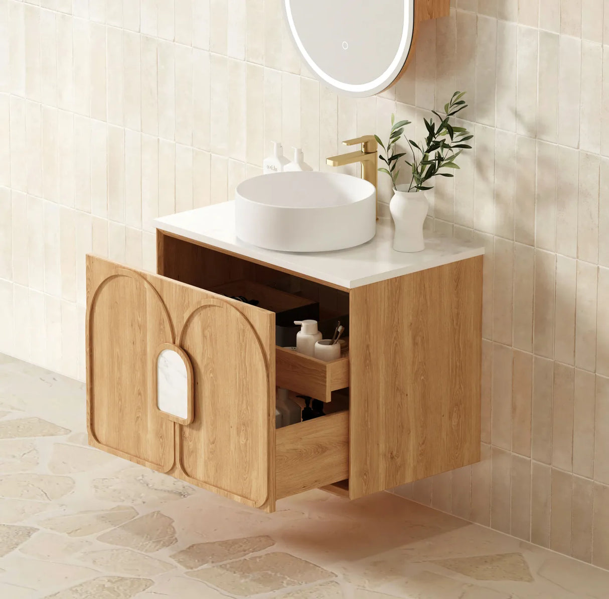Side view of open Laguna Wall Hung Vanity 750mm - Natural Oak