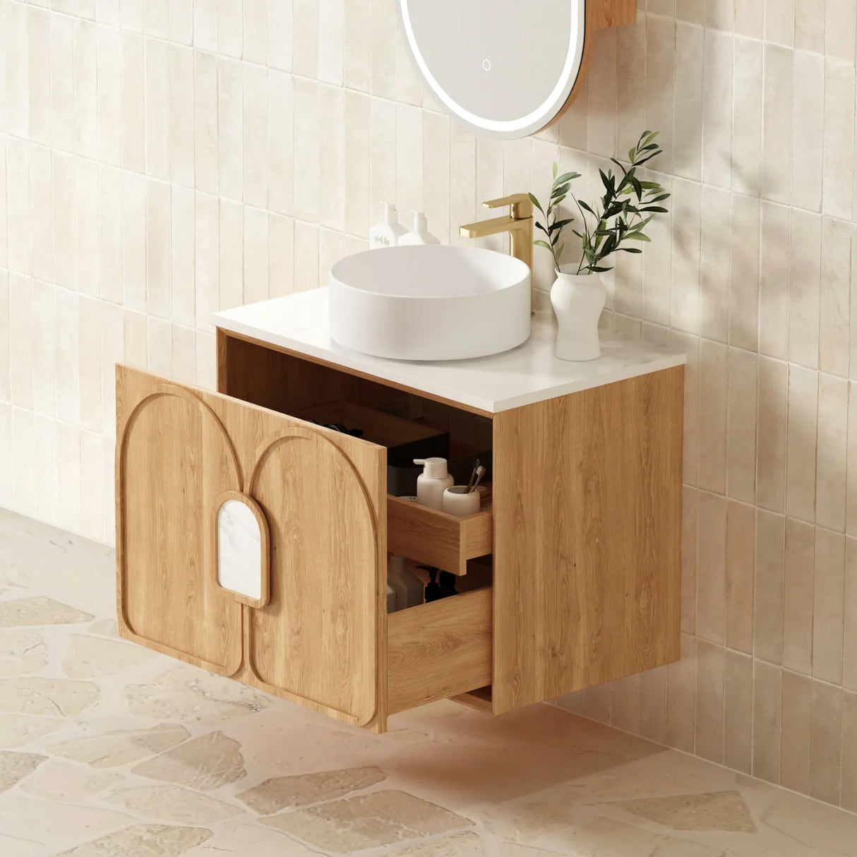 Side view of open Laguna Wall Hung Vanity 750mm - Natural Oak