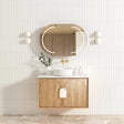 Bathroom with mounted Laguna Wall Hung Vanity 900mm - Natural Oak, mirror, gold faucet, white counter tap