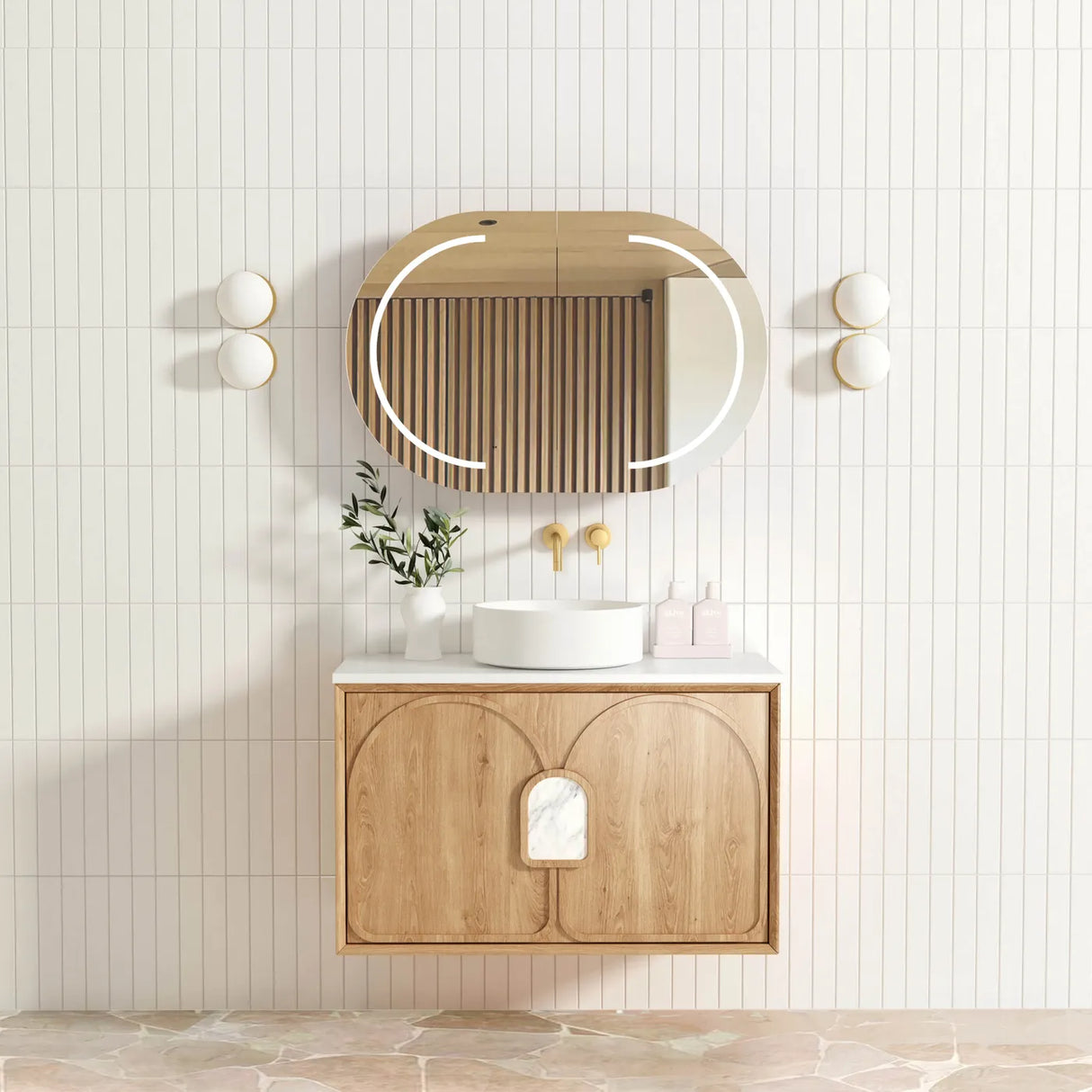 Bathroom with mounted Laguna Wall Hung Vanity 900mm - Natural Oak, mirror, gold faucet, white counter tap