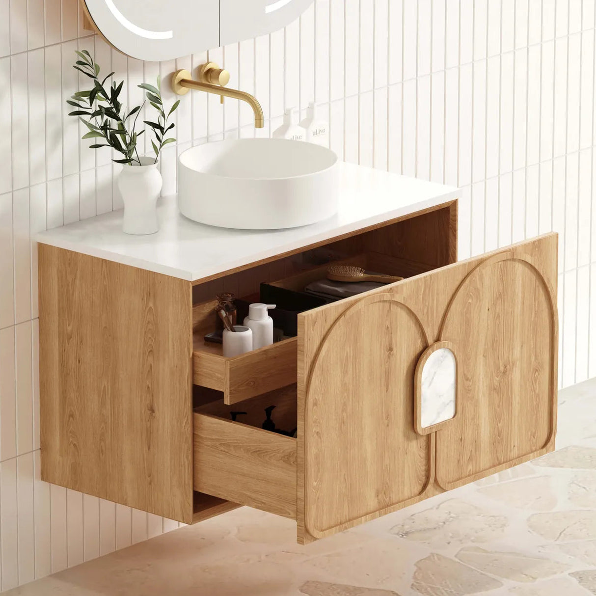 Side view Open cabinet of Laguna Wall Hung Vanity 900mm - Natural Oak
