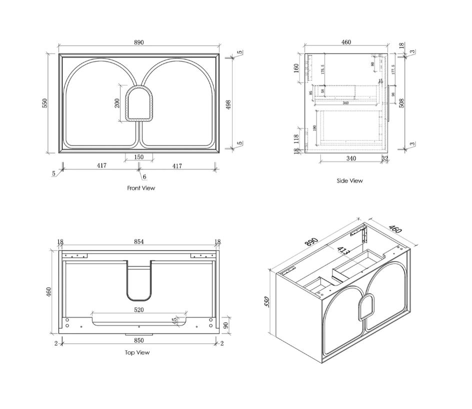 Laguna Wall Hung Vanity 900mm - White drawing