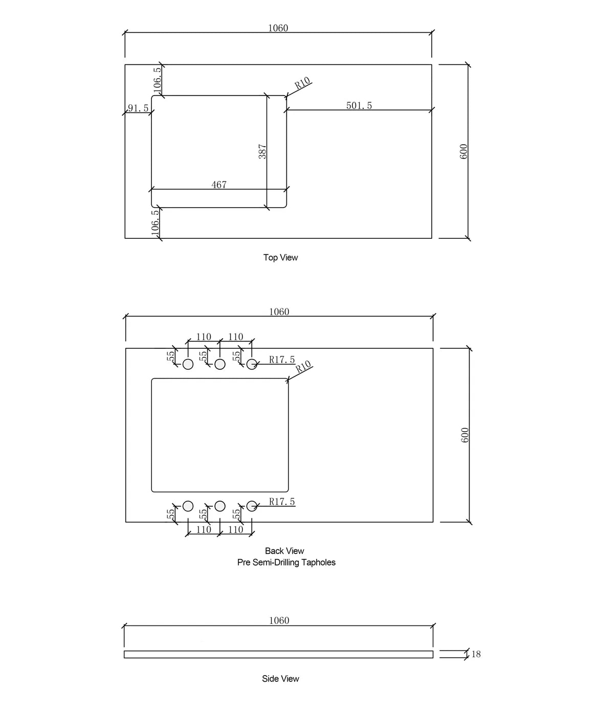 Laundry 1060mm Natural Carrara White Marble Top drawing