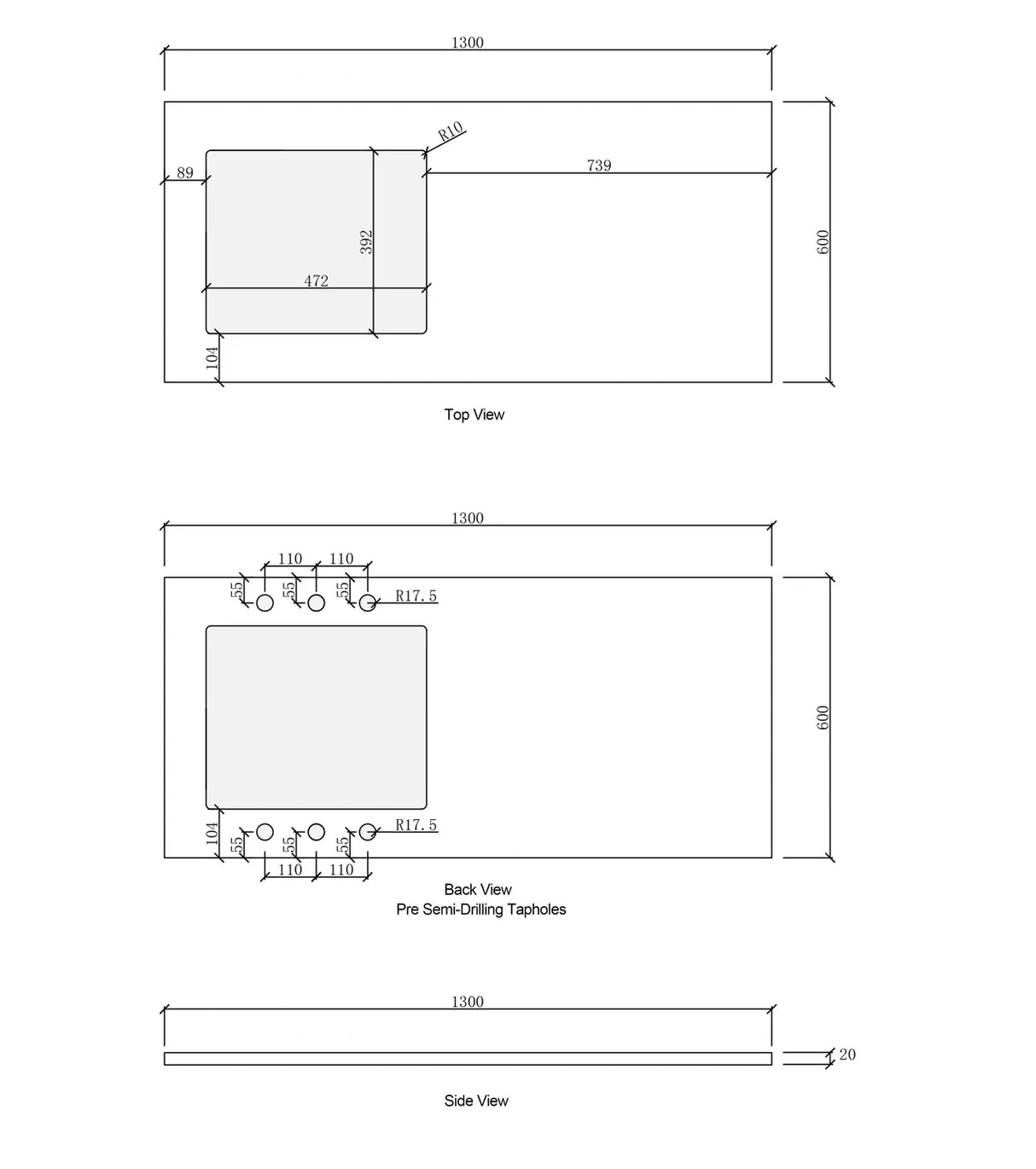 Laundry 1300mm Natural Carrara White Marble Top drawing