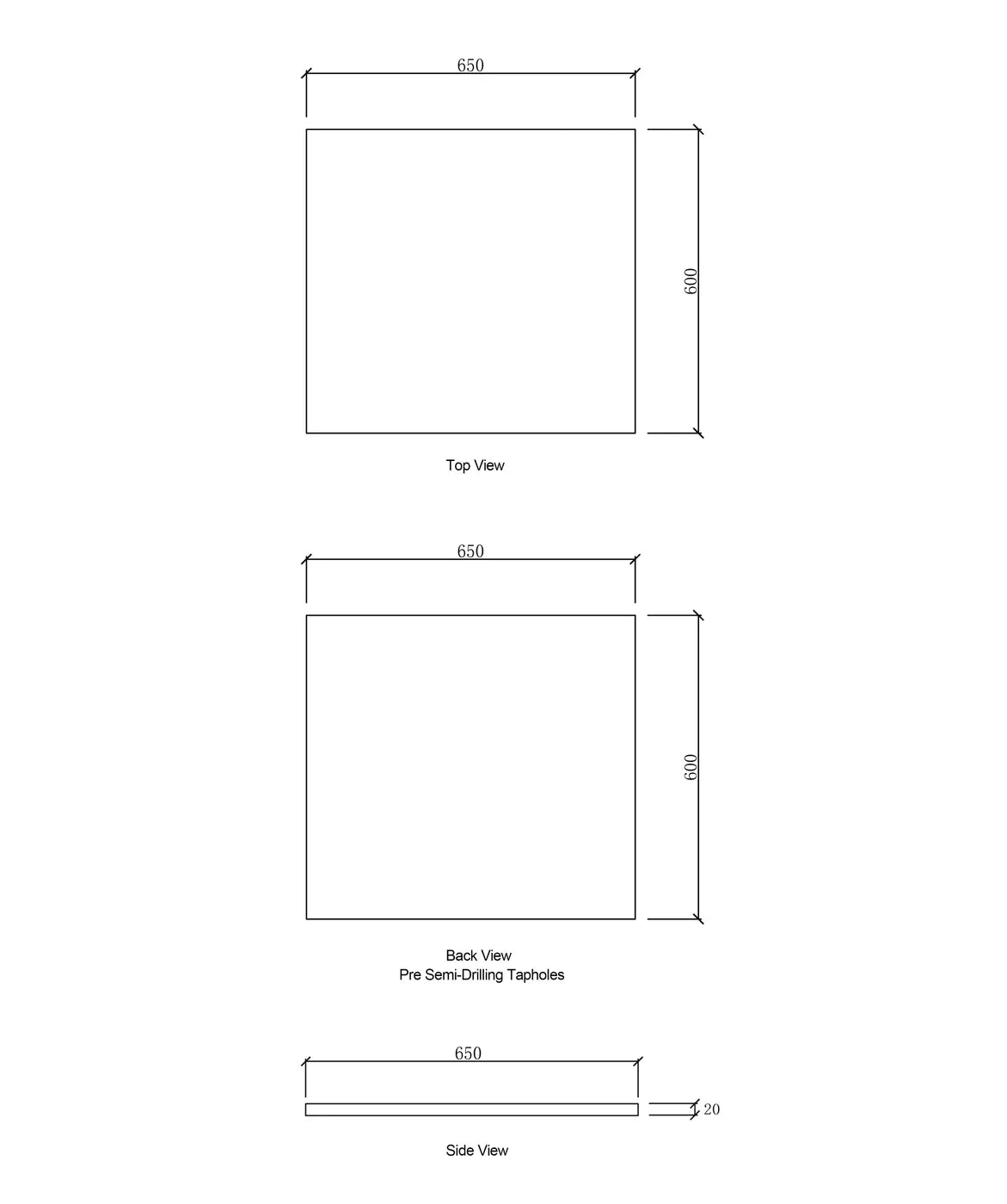 Laundry 650mm Solid Surface Cloudy Carrara Top - No Hole drawing