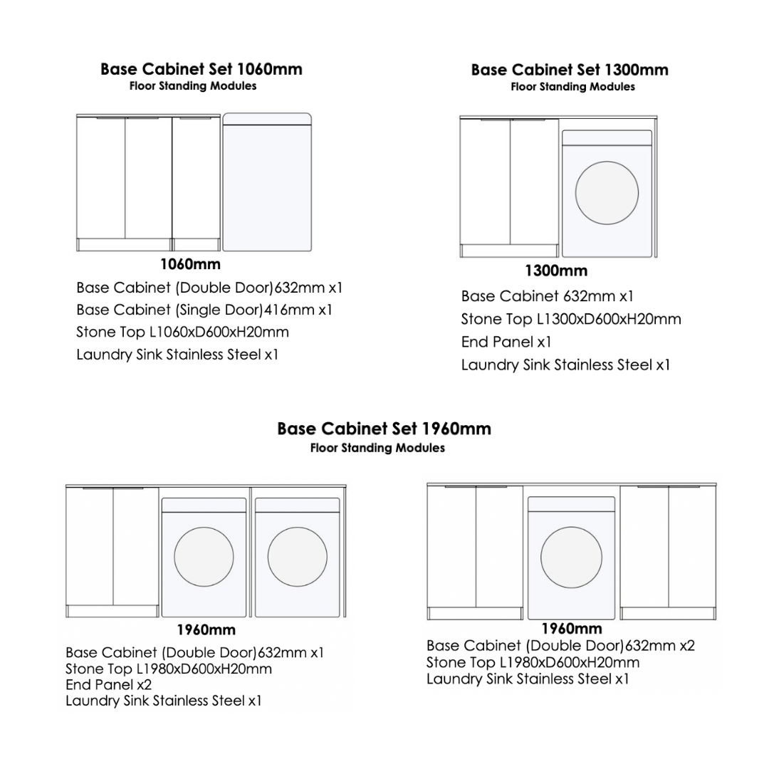 Lay out Laundry Base cabinet set in 1060mm, 1300mm, 1960mm