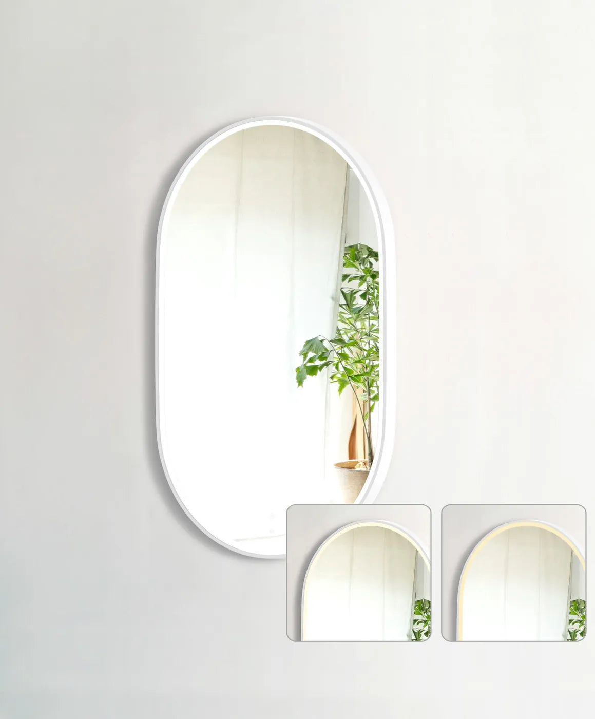 LED oval mirror with a white metal frame and soft ambient lighting, displayed on a light gray wall. The main image highlights the mirror's clean and modern design, while two inset images showcase the lighting variations and reflective detail, featuring natural greenery in the background.