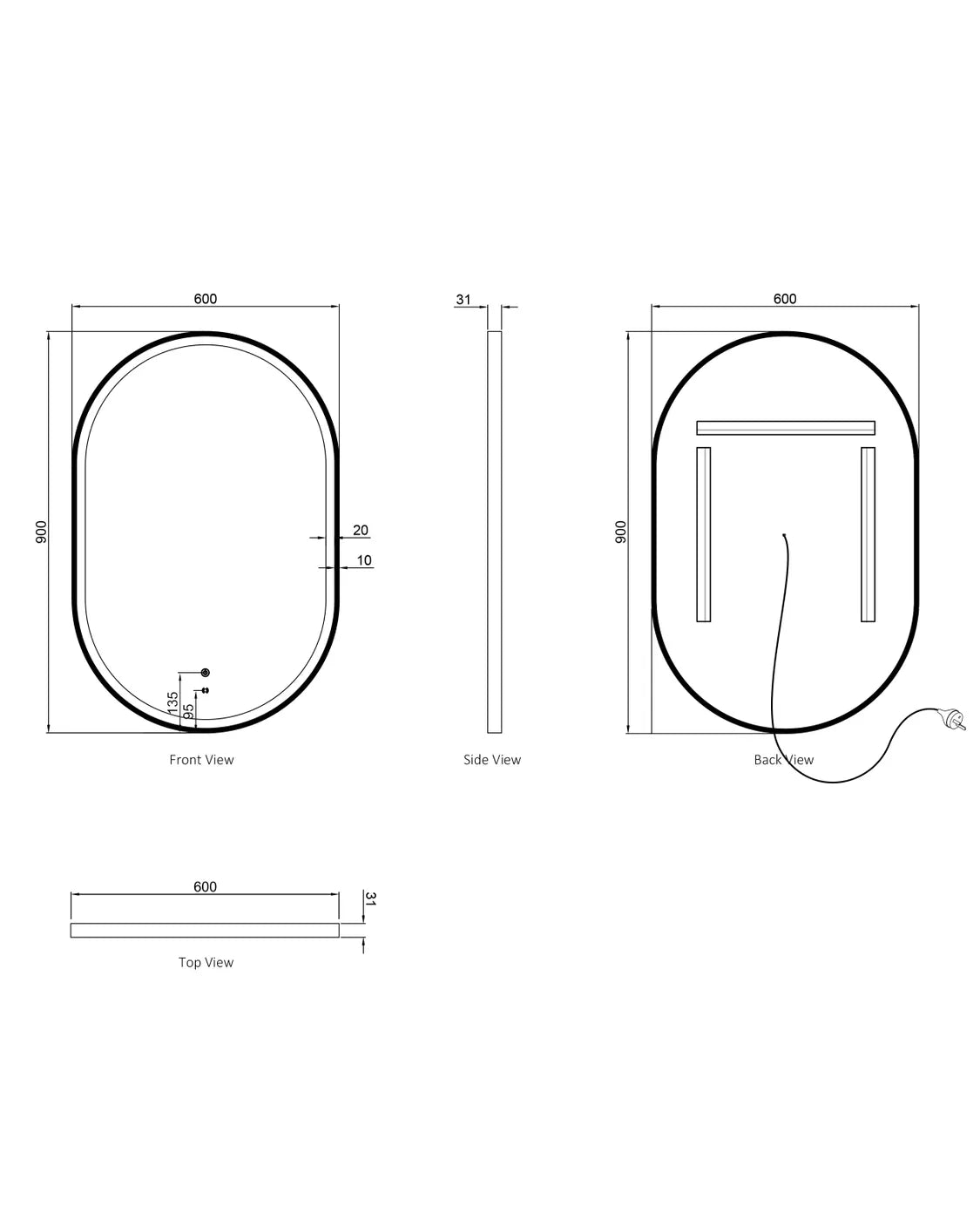 Led noosa 900x600 white metal frame front and back view drawing