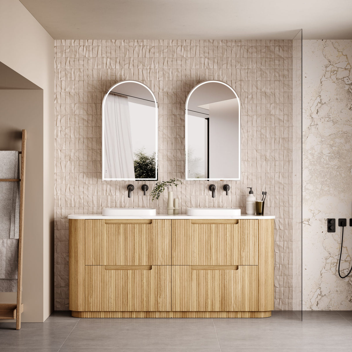 Bathroom vanity with wooden cabinets, white countertop, and two mirrors on a tiled wall.
