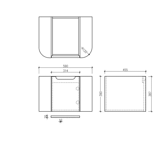 Technical drawing of a bathroom vanity with dimensions