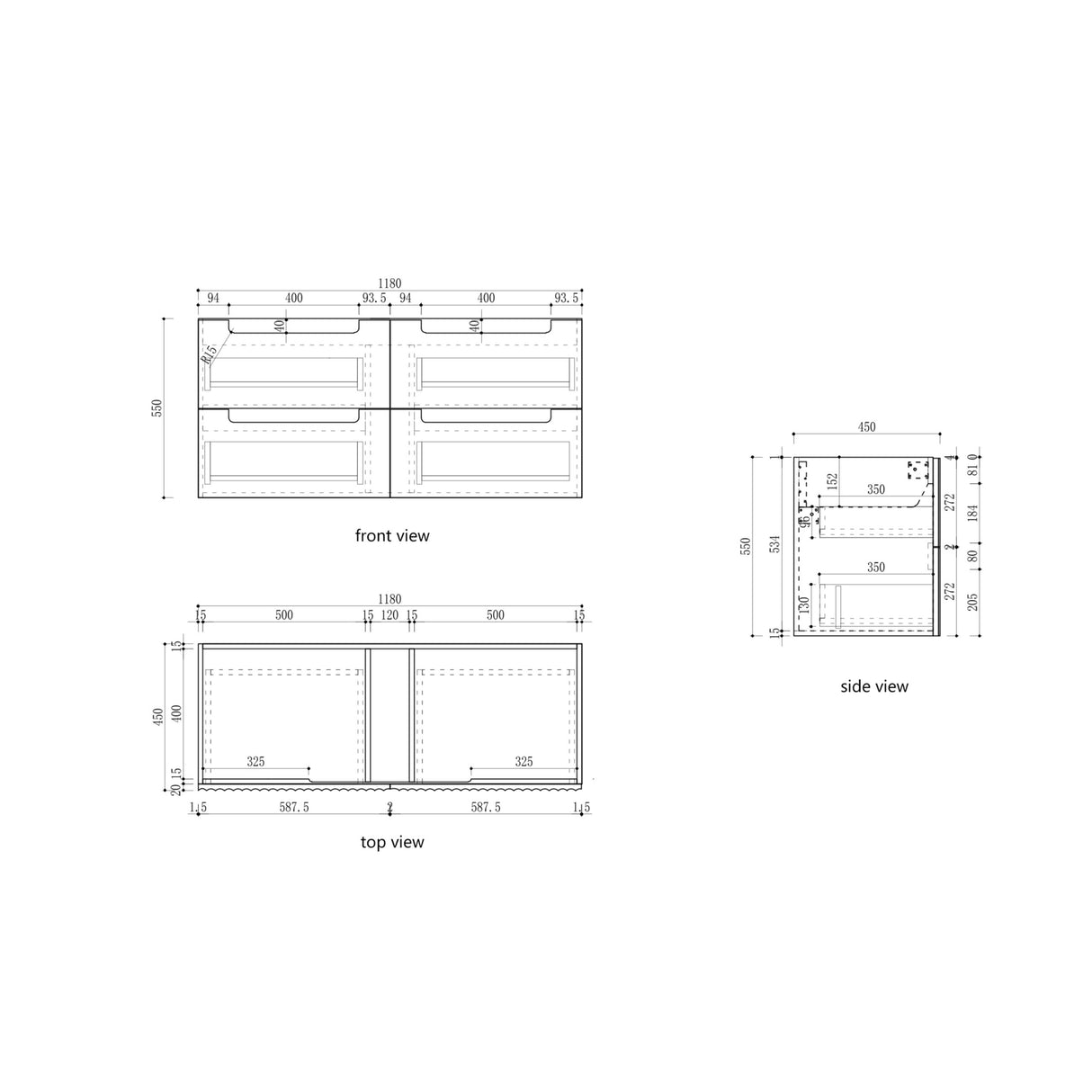 Technical drawing with front, top, and side views of a rectangular object with dimensions.