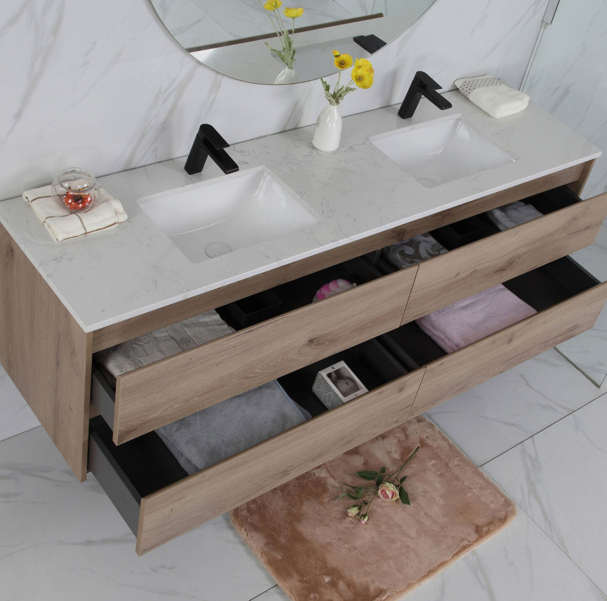 Bathroom vanity with double sink, wooden cabinet, and decorative elements.