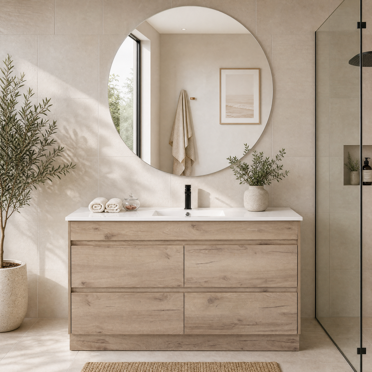 A modern bathroom vanity with a light oak wood cabinet, white countertop, and integrated sink, set beneath a large round wall mirror. The scene is styled with a potted olive branch, a small potted plant, rolled towels, and a vase, in a bright, sunlit bathroom with beige walls and a glass shower screen.