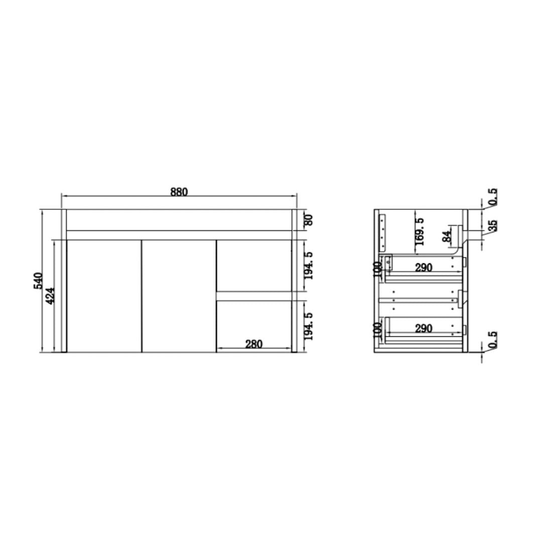 Technical dimension drawing of a cabinet or storage unit, showing front and side cross-section measurements with numeric labels on a white background.