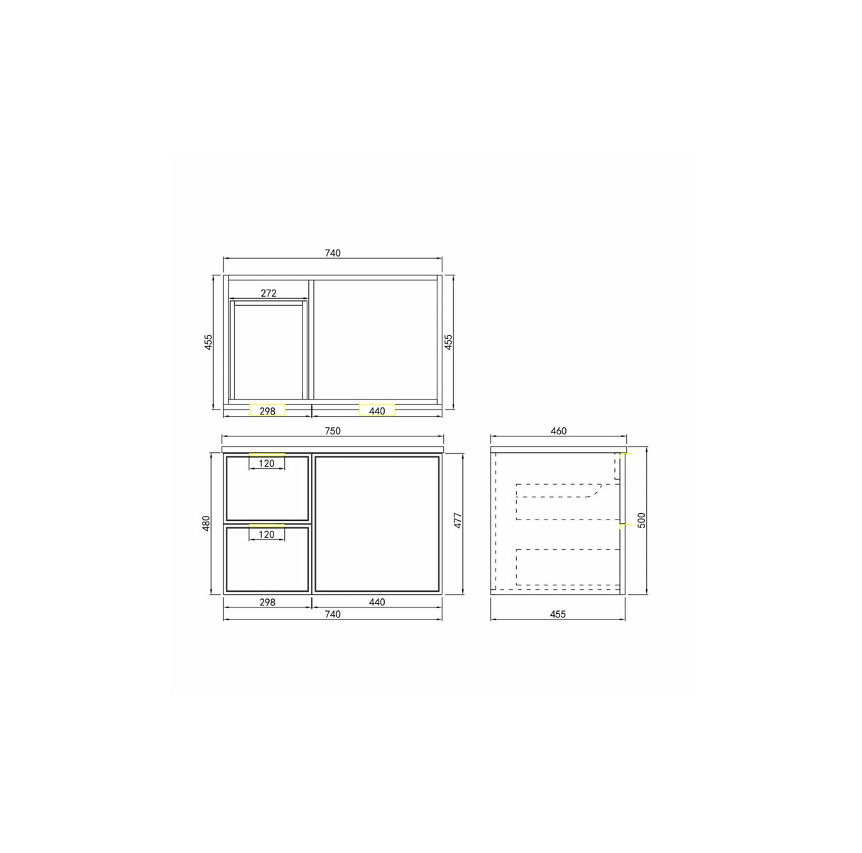 Miami 750mm Wall Hung Vanity Left Drawer Drawing