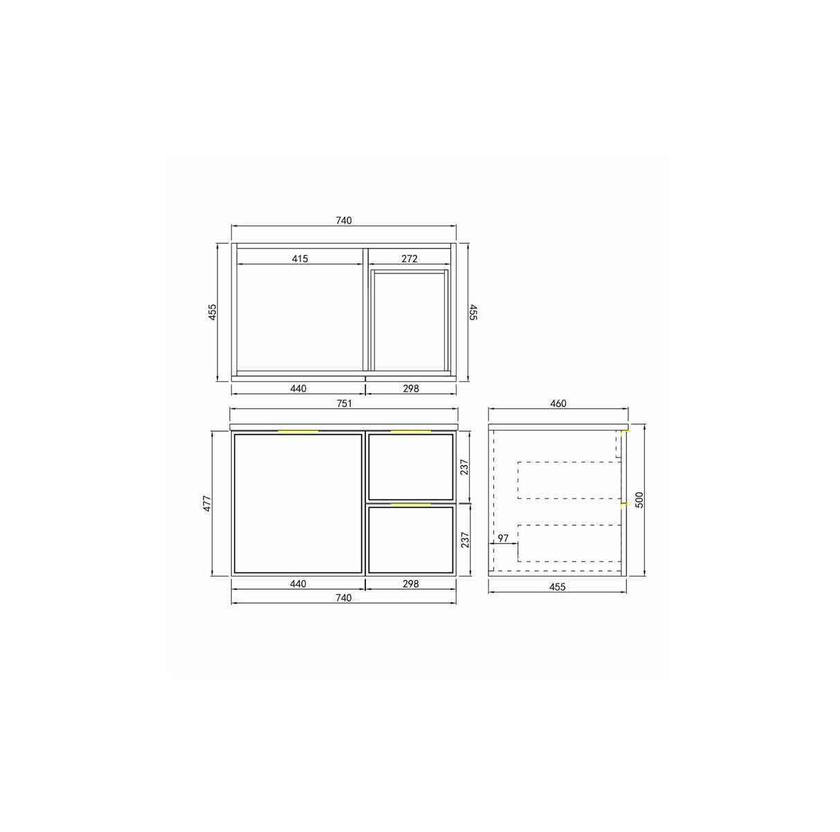 Miami 750mm Wall Hung Vanity RightbDrawer Drawing