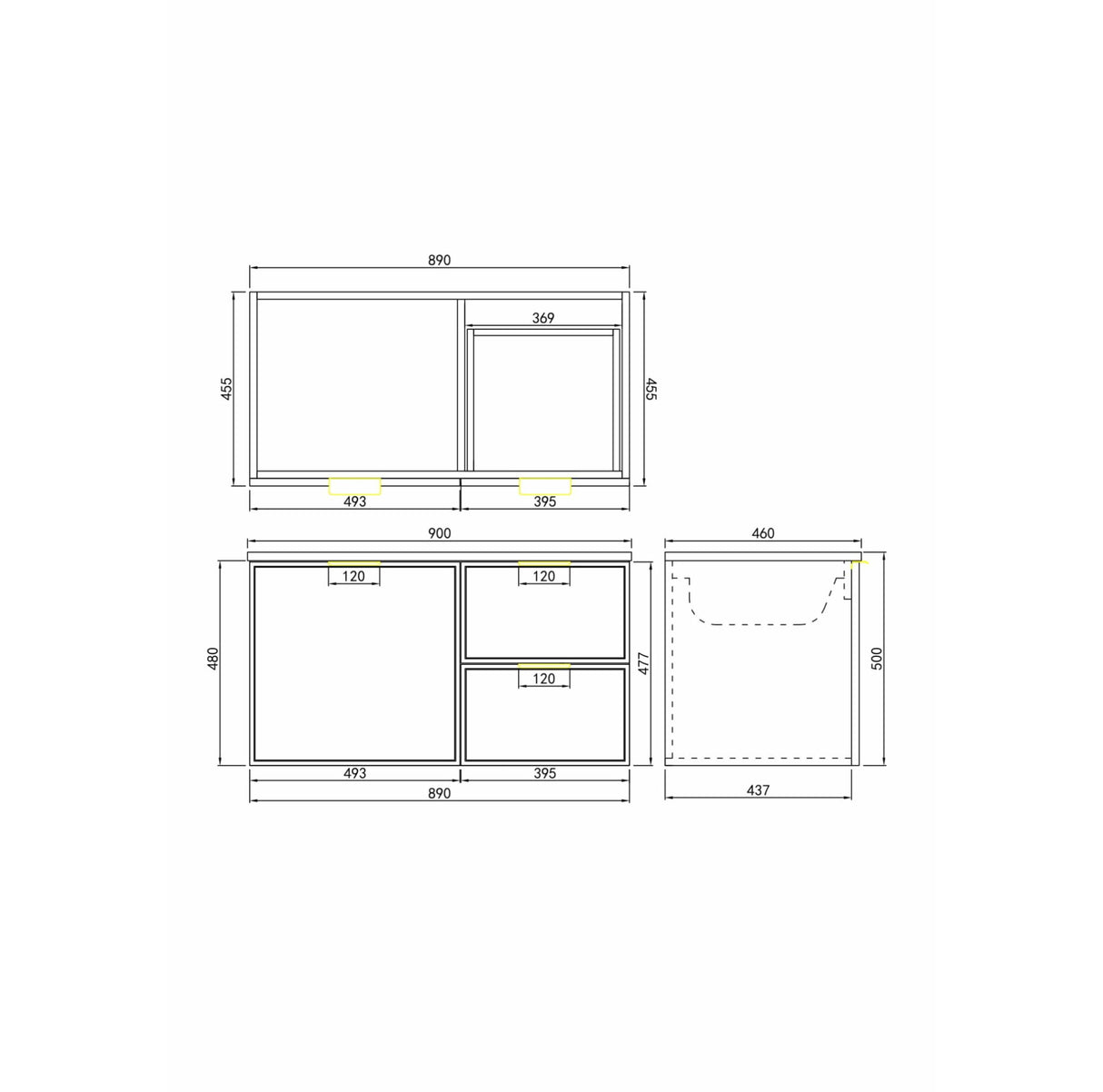 Miami 900mm Olive Green Wall Hung Vanity Right Drawer Drawing