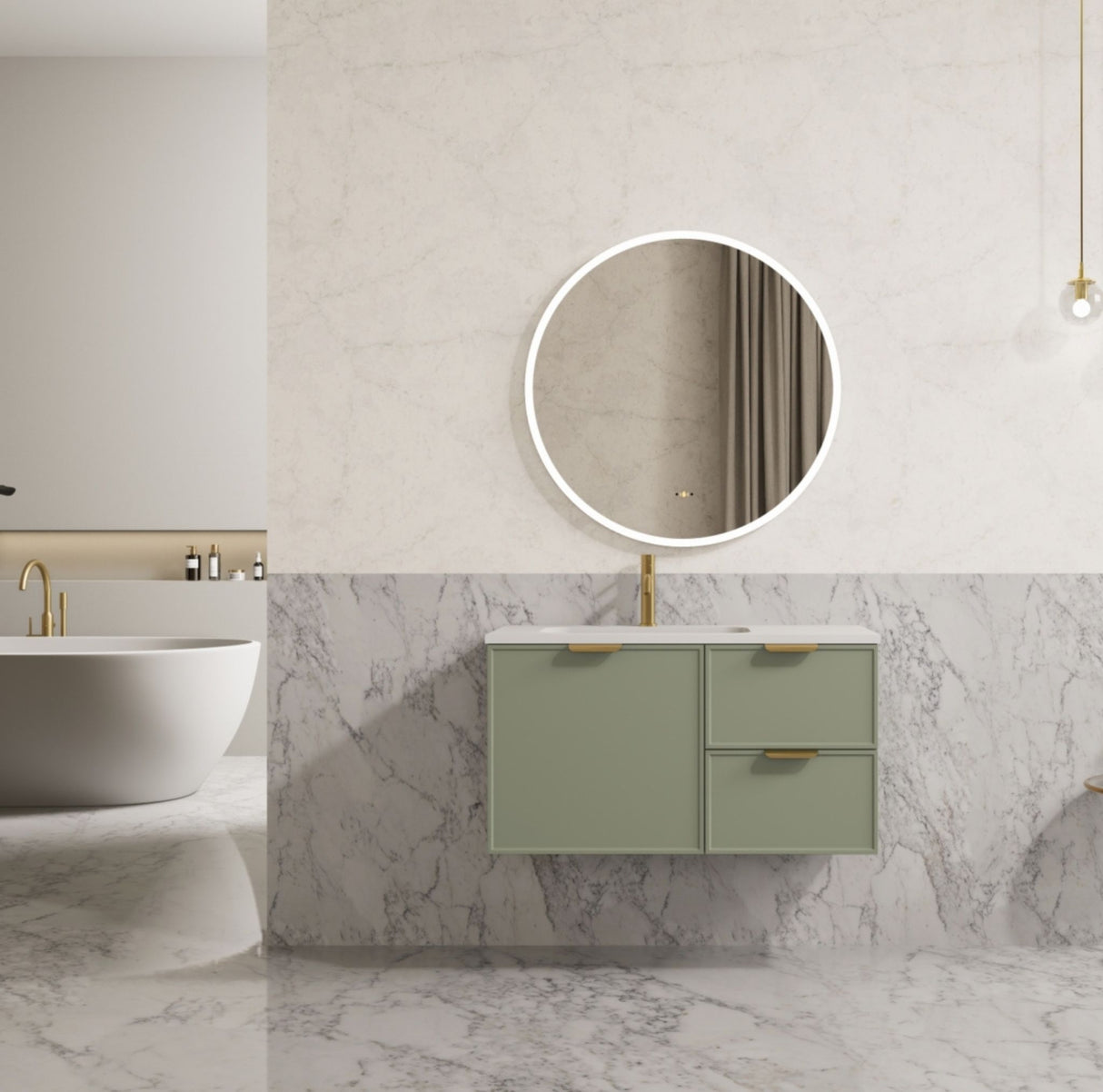 Miami 900mm Olive Green Wall Hung Vanity Right Drawer