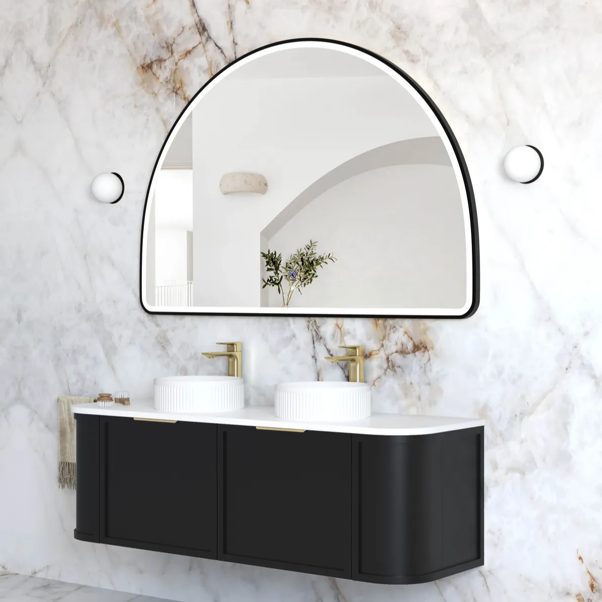 Bathroom with mounted Moonlight Archie 1000mm LED Mirror - Black Frame side frame